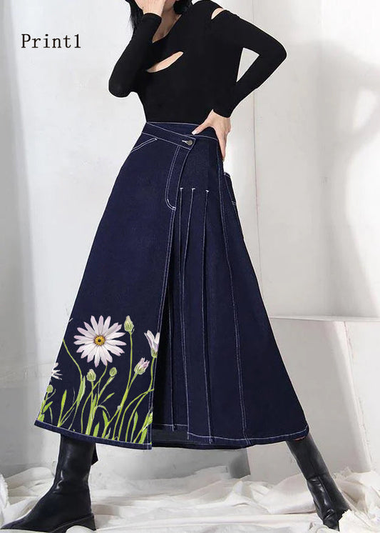 Denim Blue-print1 Zippered Asymmetrical Design Summer Skirt