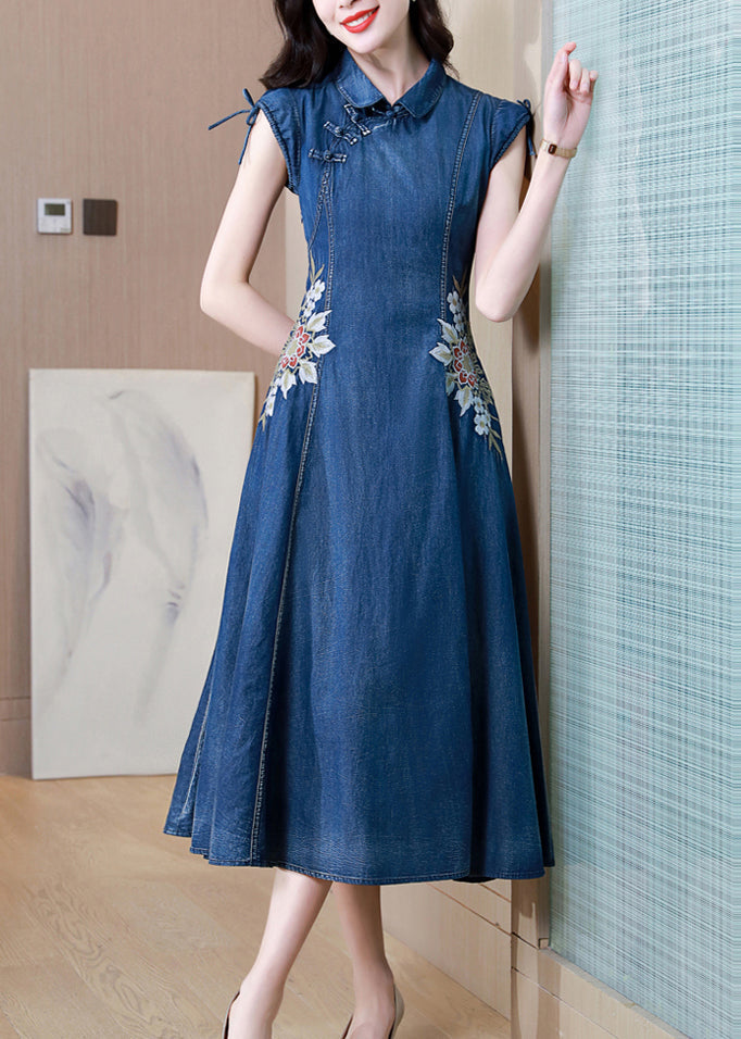 Blue Embroidered Pockets Patchwork Denim Dresses Summer