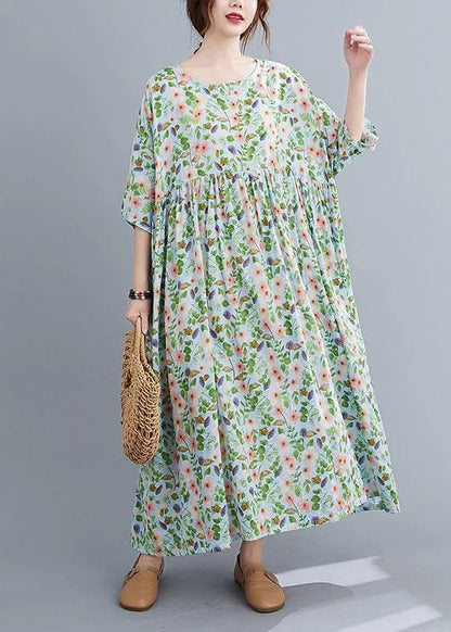 Light Green O-neck Patchwork Print Summer Dress Half Sleeve