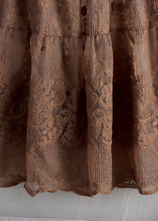 Chocolate Colour Embroideried High Waist Tulle a Line Skirt Fall