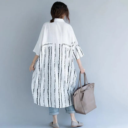 White Cotton Dress Clothing Dresses Bracelet Sleeved Patchwork Turn-down Collar Striped Cotton Dresses