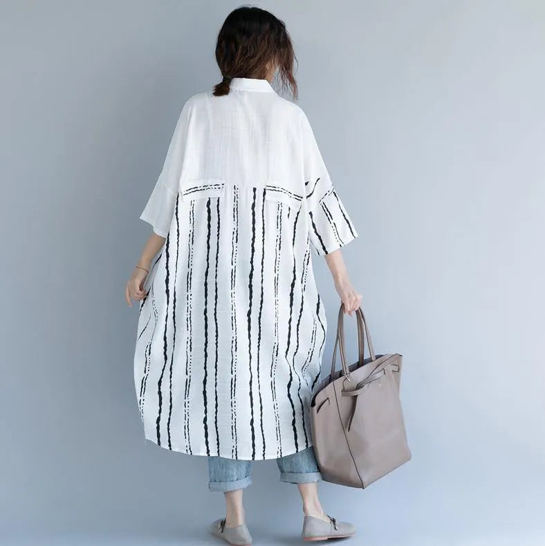 White Cotton Dress Clothing Dresses Bracelet Sleeved Patchwork Turn-down Collar Striped Cotton Dresses