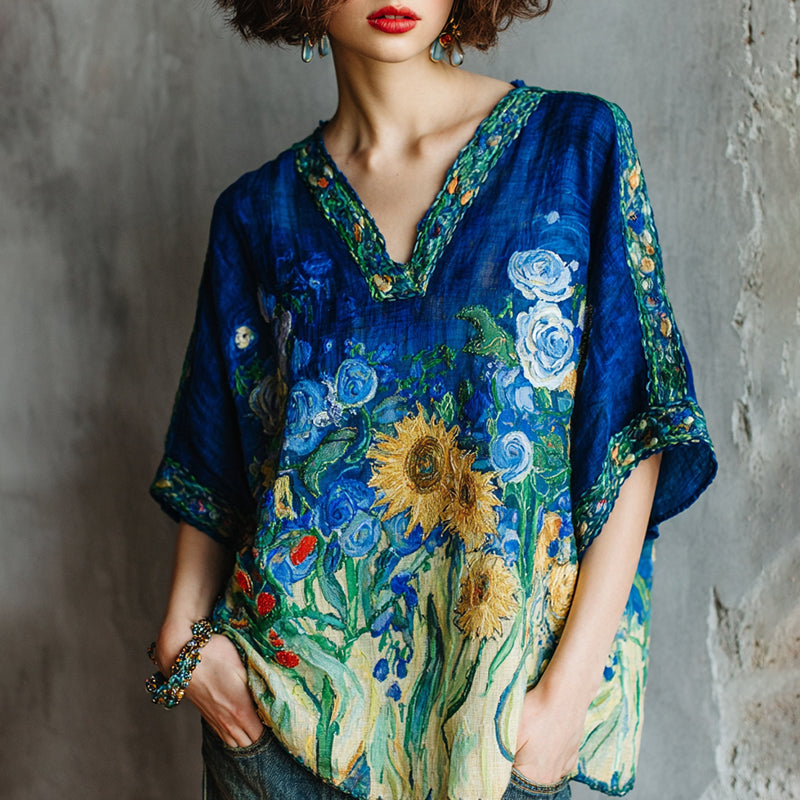Women's Vintage Oil Painting Flower Art V-neck T Shirt elevenforest
