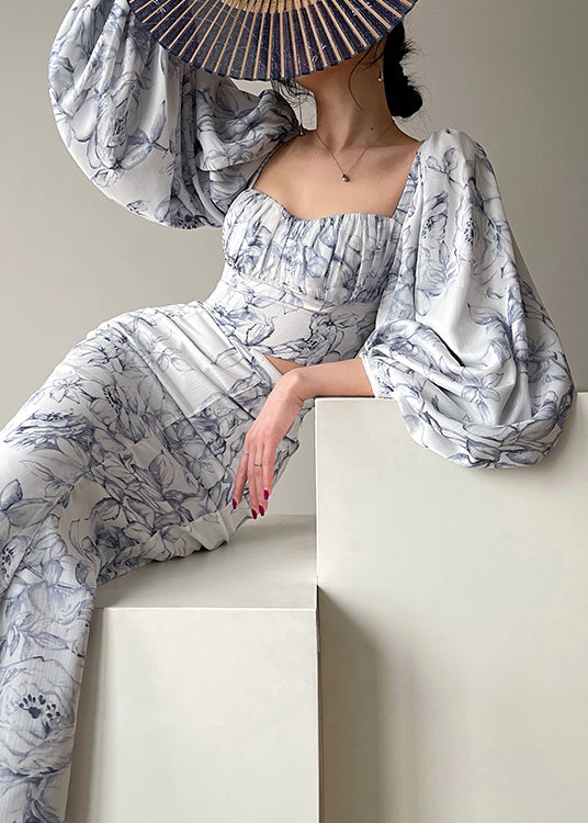 Stylish Blue Square Collar Print Tops and Skirts Chiffon Two Pieces Set Spring