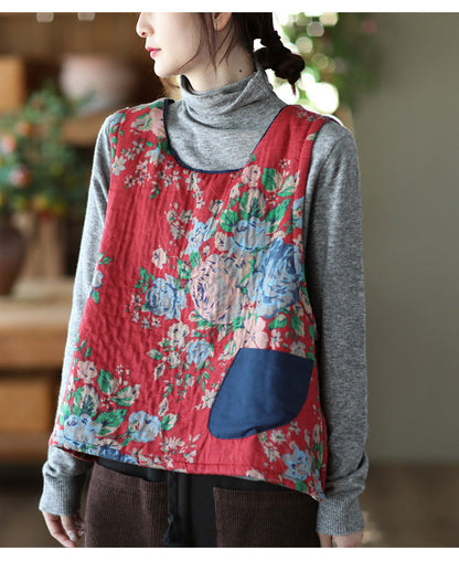 -print Cotton and Linen Quilted Vest