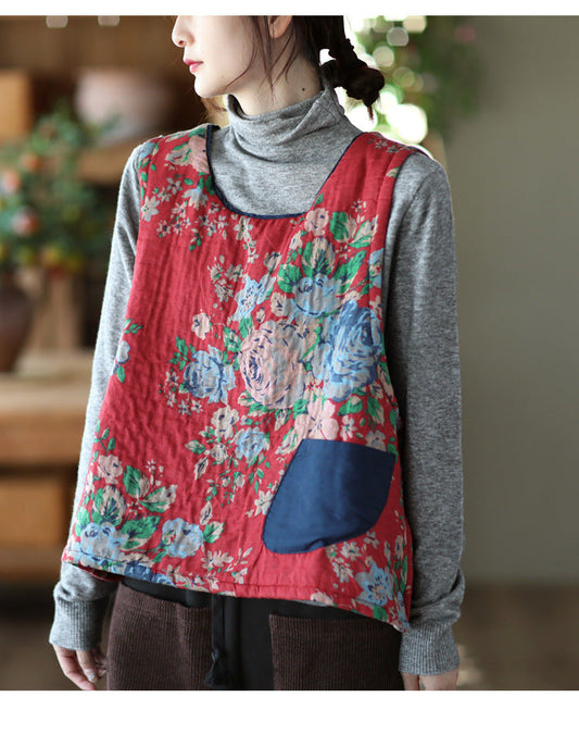 -print Cotton and Linen Quilted Vest