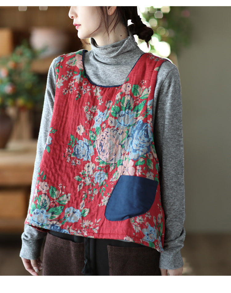 -print Cotton and Linen Quilted Vest