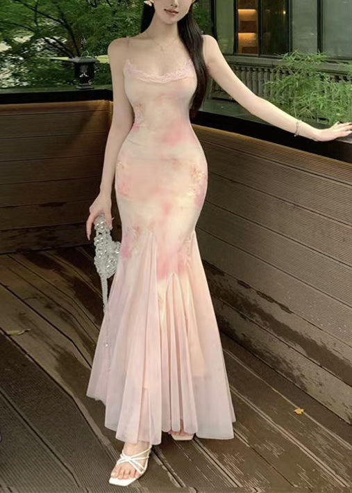 Slim Fit Pink Lace High Waist Tulle Spaghetti Strap Dress Sleeveless