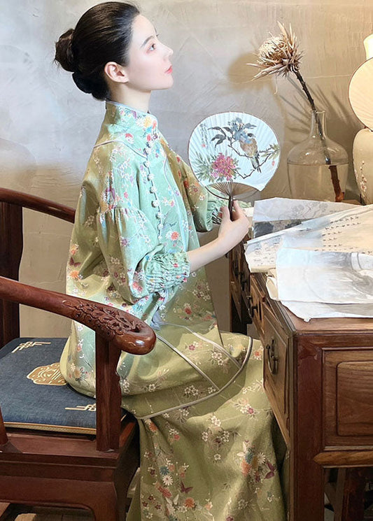 Handmade Light Green Embroidered Button Silk Top and Maxi Skirts Two Pieces Set Fall