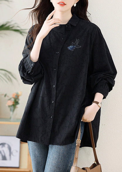 Black Embroideried Cotton Shirt Fall