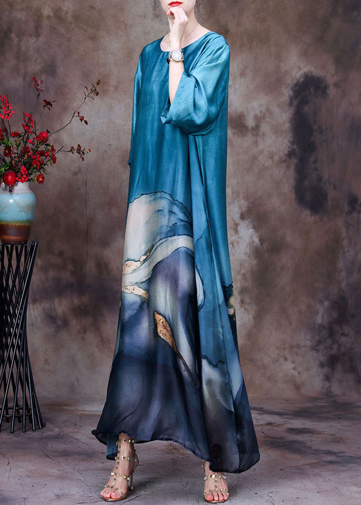 Blue O-neck Layered Design Print Silk Dresses for Bracelet Sleeve