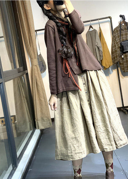 Chocolate O-neck Button Asymmetrical Design Fall Sweater