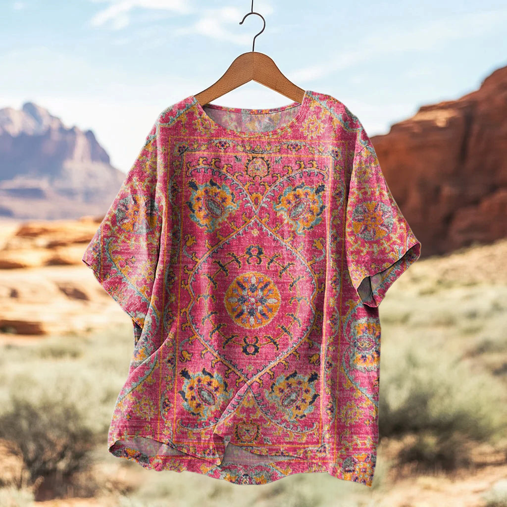 Women's Retro Ethnic Totem Art Print Casual Linen Crew Neck Shirt elevenforest