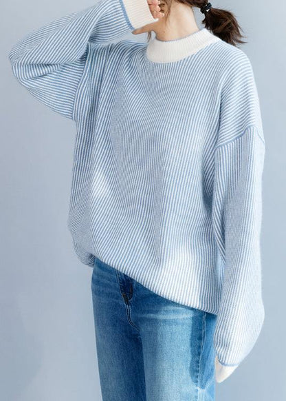 Pullover Winter Blue White Striped Knit Sweat Tops High Neck Crane Tops