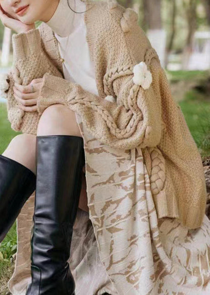 Khaki V Neck Cable Knit Cardigan Fall