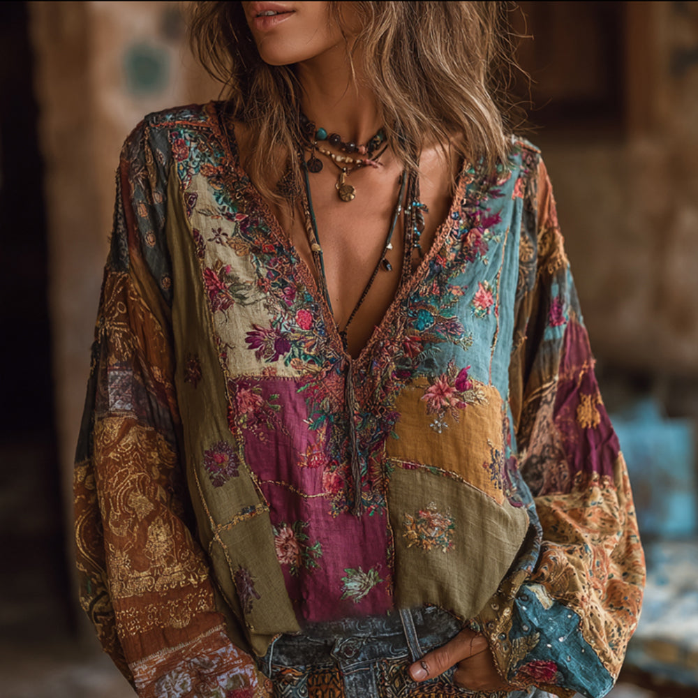 Bohemian Style Embroidered Flower Vacation Long-sleeved V-neck Worn-out Long-sleeved Top elevenforest