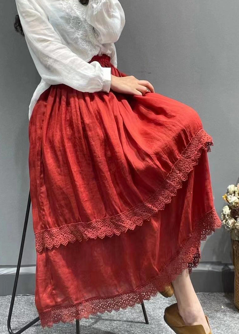 Red Elastic Waist Lace Patchwork Linen Pleated Skirt Summer