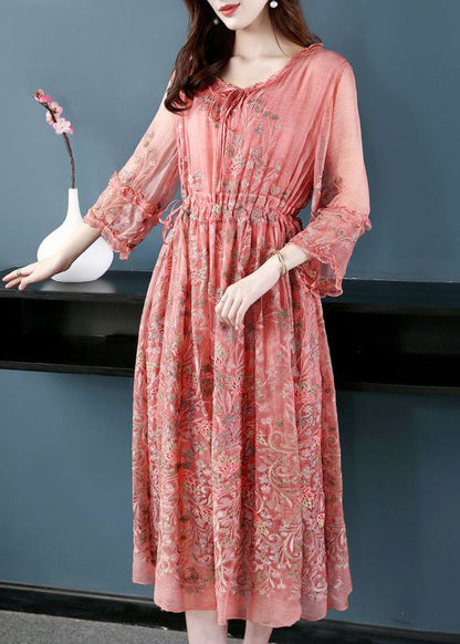 Style Pink O-neck Cinched Embroidered Silk Maxi Dress Bracelet Sleeve