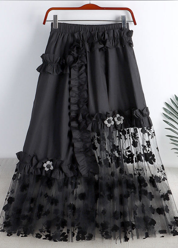White Embroideried Elastic Waist Asymmetrical Patchwork Tulle a Line Skirt Summer