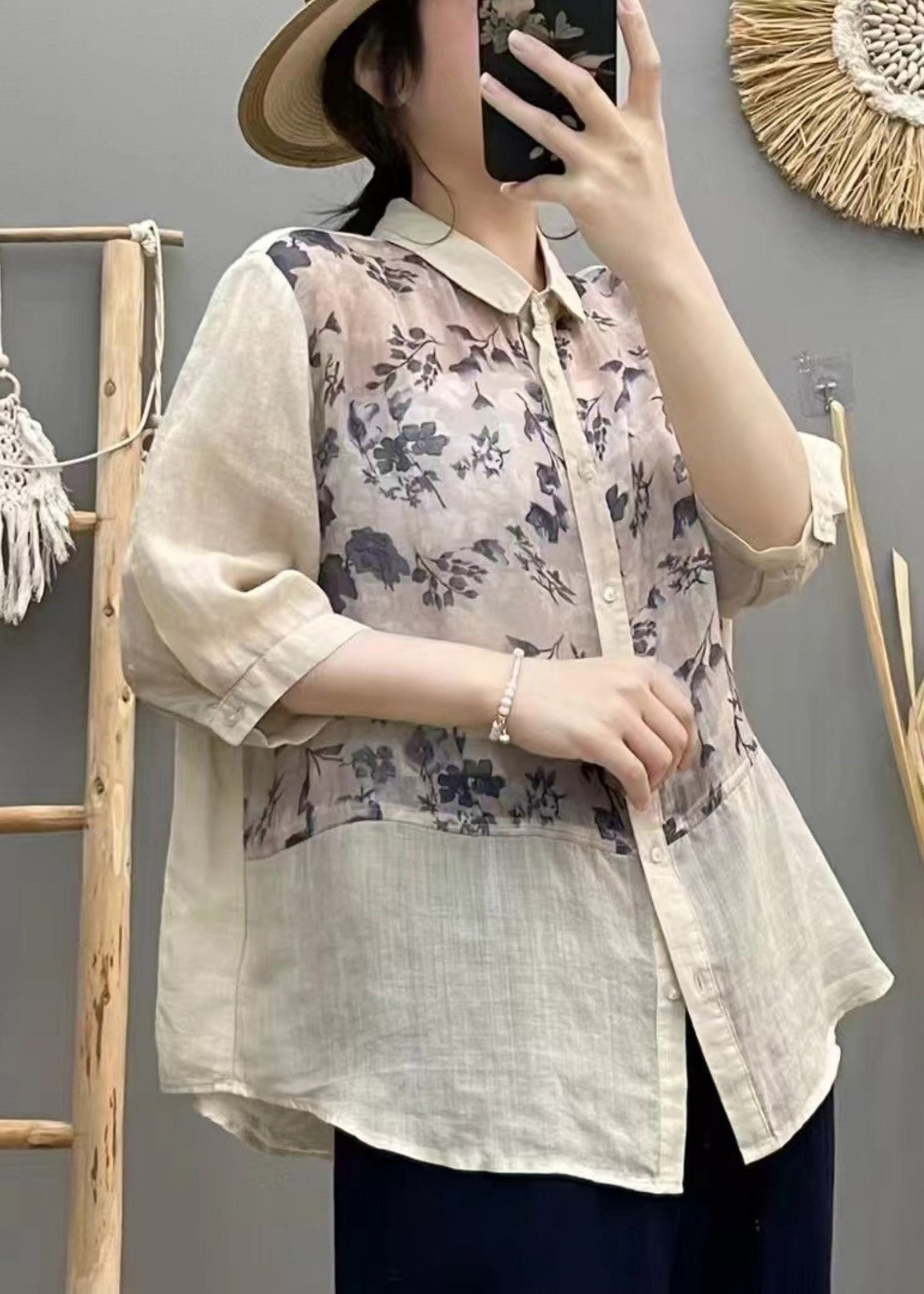 Apricot Print Patchwork Linen Blouse Top Summer