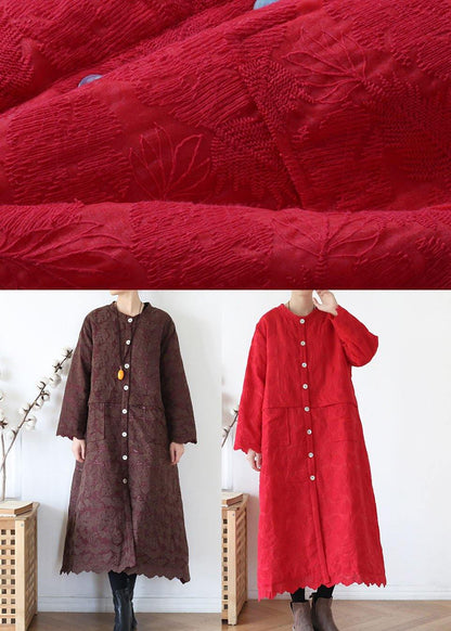 Unique Coffee Retro Jacquard Pockets Fall Coats Long Sleeve