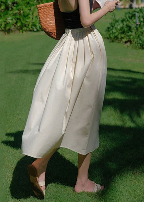 New Beige Wrinkled Pockets Cotton Skirt Summer