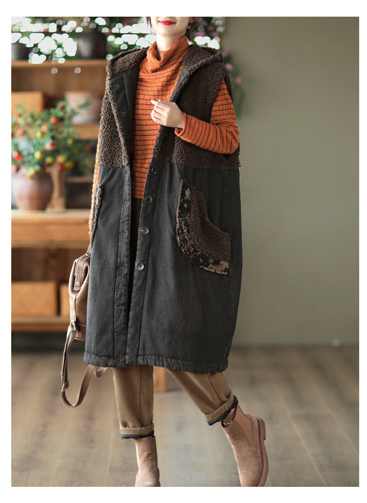 Lamb Wool Panel Denim Mid-length Vest Jacket