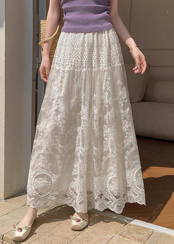 Simple Apricot Hollow Out Lace Elastic Waist Tulle Skirts Summer