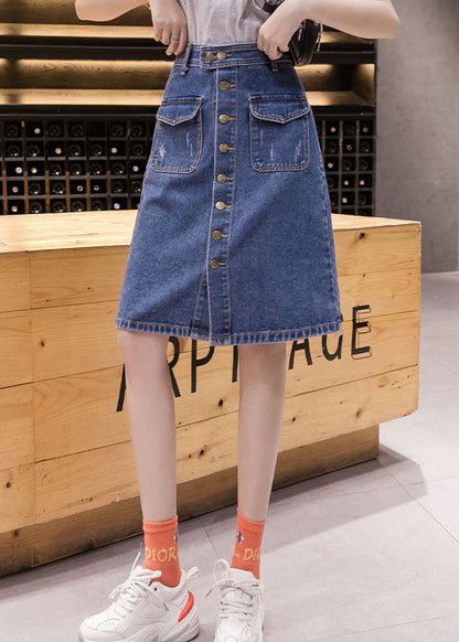 Simple Blue Pocket Button Cotton Denim Wraped Skirt Cozy