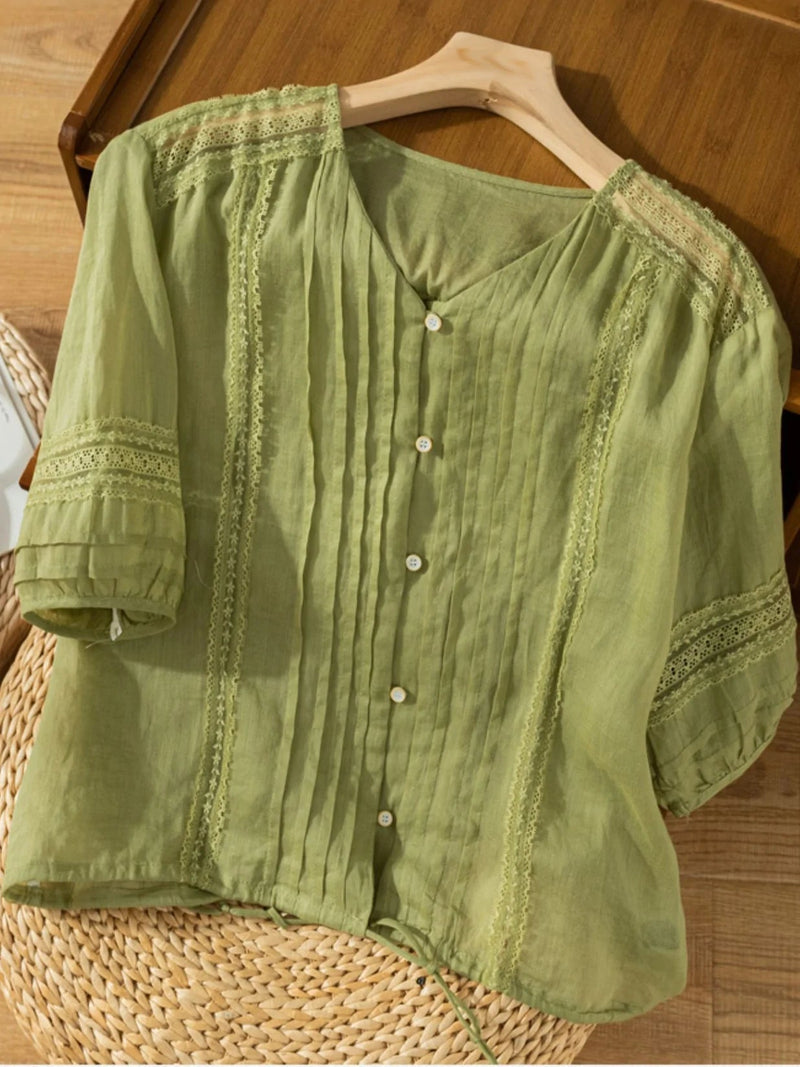 Pure Color V Neck 3/4 Sleeve Linen Top