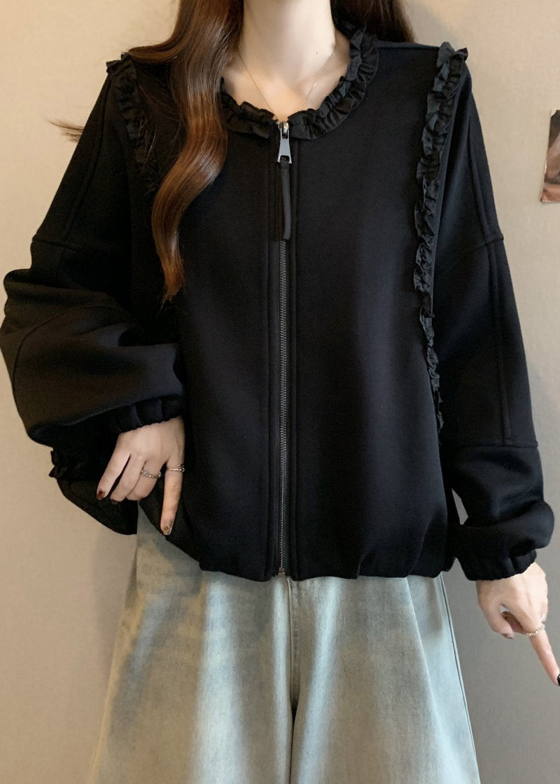 Black Zip Up Cotton Coats Ruffled Long Sleeve