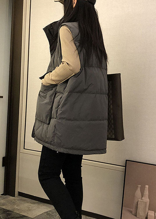 Boutique Black Loose Stand Collar Pockets Winter Down Vest