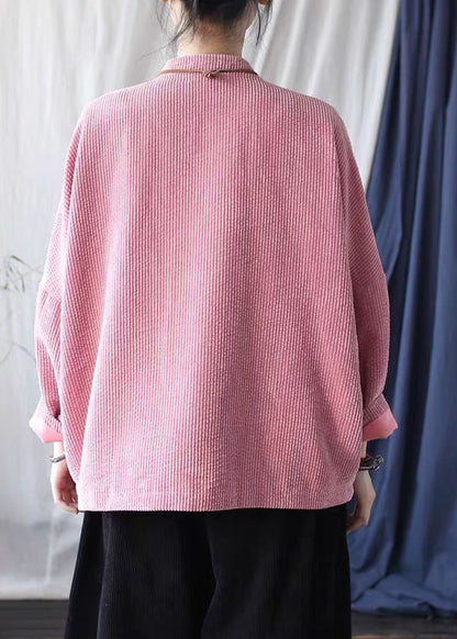 Pink Stand Collar Pockets Corduroy Jackets Spring
