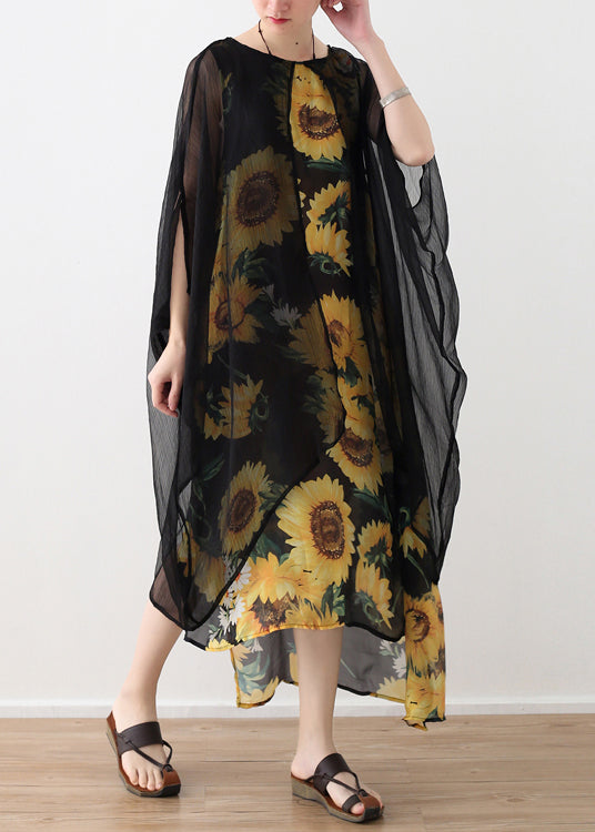Style Yellow Print Chiffon Clothes Neckline O Neck False Two Pieces Art Summer Dress