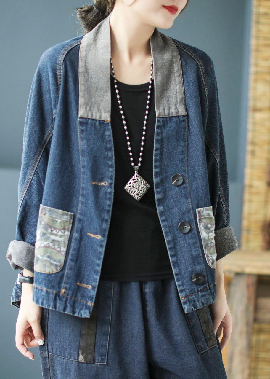 Blue Pockets Button Patchwork Print Fall Denim Long Sleeve Coat