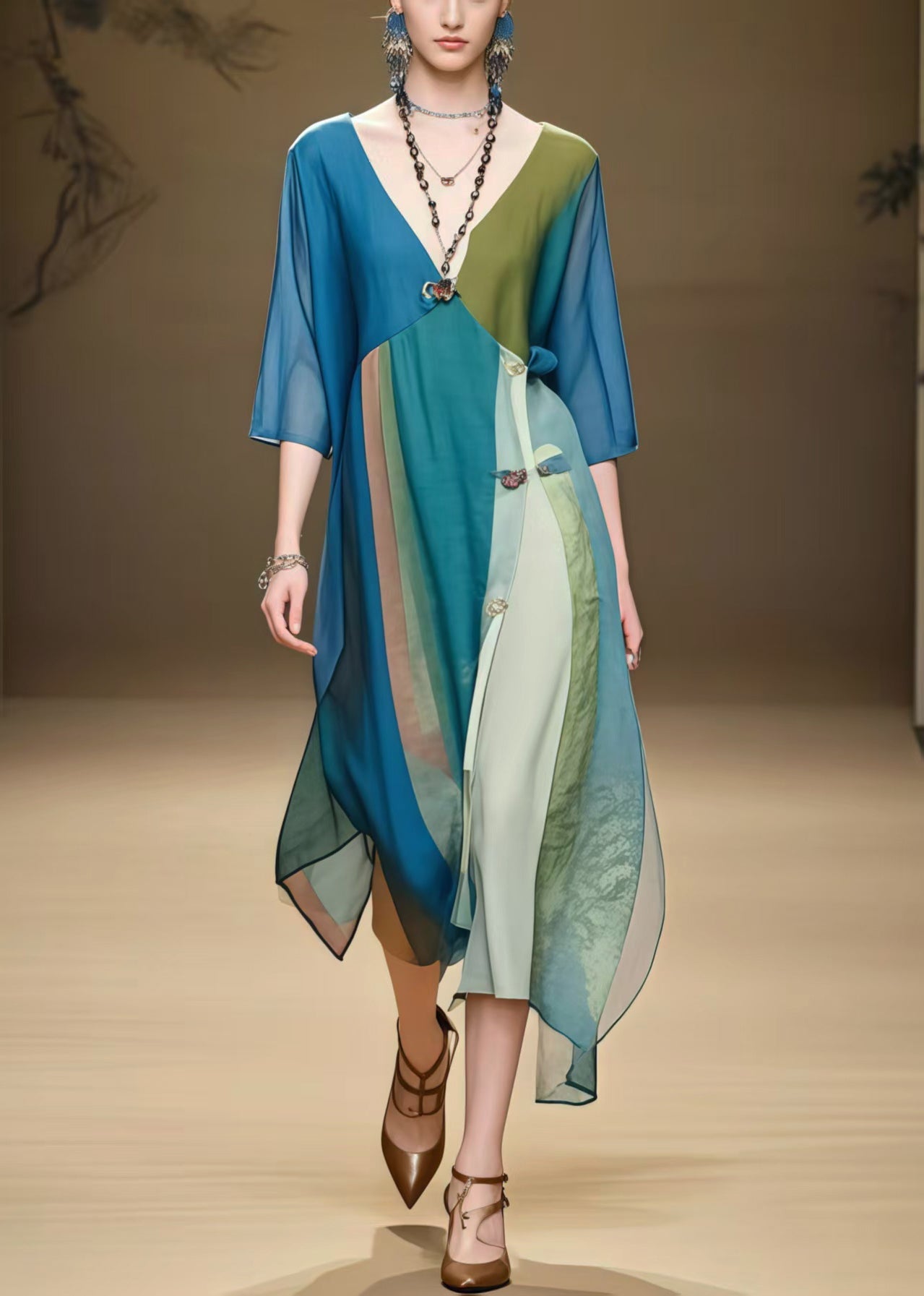 Peacock Blue Patchwork Chiffon Vacation Dress Asymmetrical Design Summer