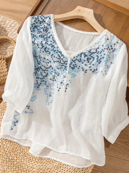 Embroidered V Neck 3/4 Sleeve Linen Top