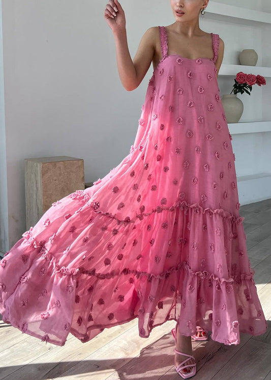 Pink Ruffled Cotton Spaghetti Strap Dress Sleeveless