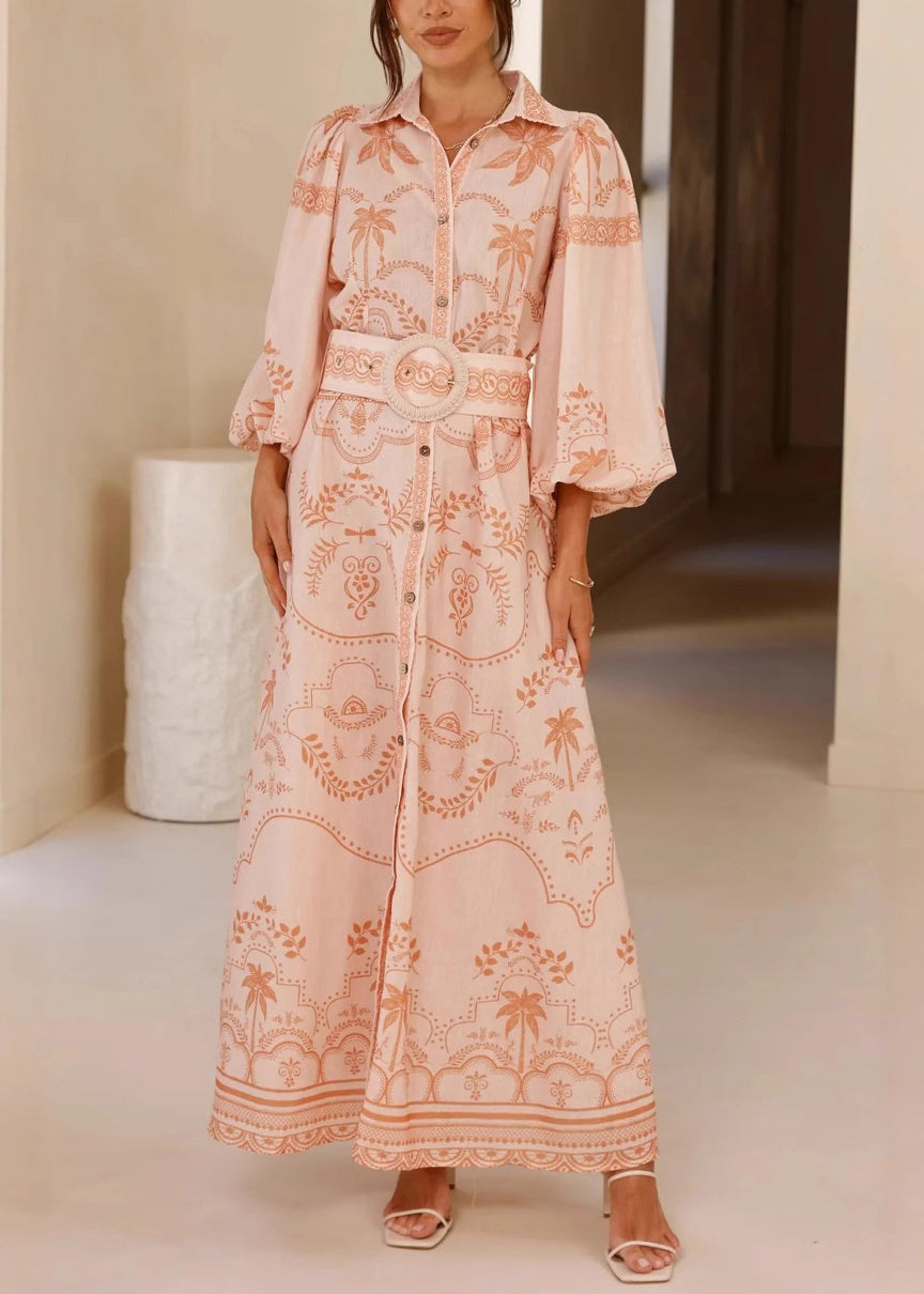 Pink Peter Pan Collar Button Long Dresses Fall
