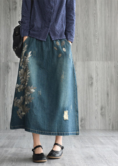 Natural Dark Blue Pockets Embroideried Cotton Denim Skirts