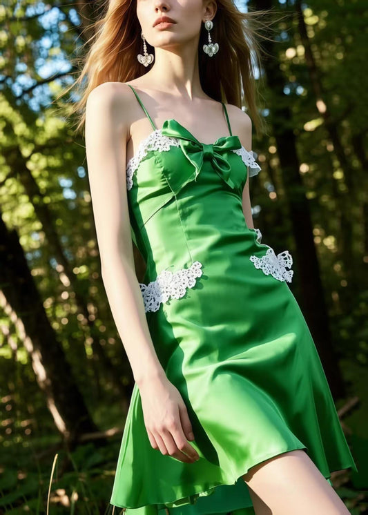 Grass Green Bow Patchwork Lace Silk Mini Dress Summer