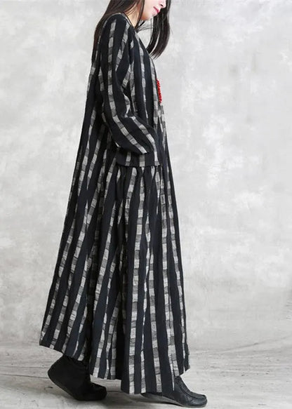 Fine Black Plaid Natural Linen Dress O Neck Patchwork Linen Maxi Dress Long Sleeve Pockets Dresses