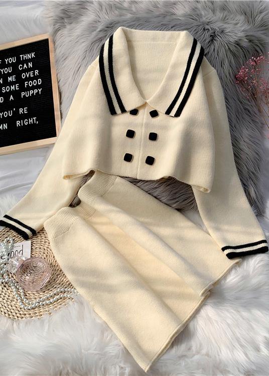 French Pink Knitted Suit New Short Sweater Pullover Skirt Two Piece Set in Early Autumn