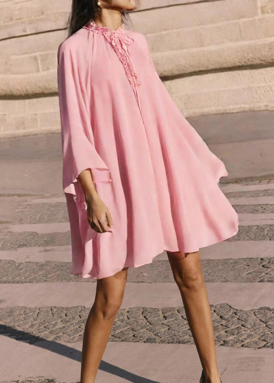 Pink Ruffled Lace Up Chiffon Mid Dress Flare Sleeve