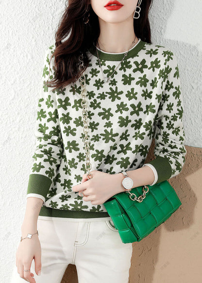 Fine Green Print Knit Knit Top Winter