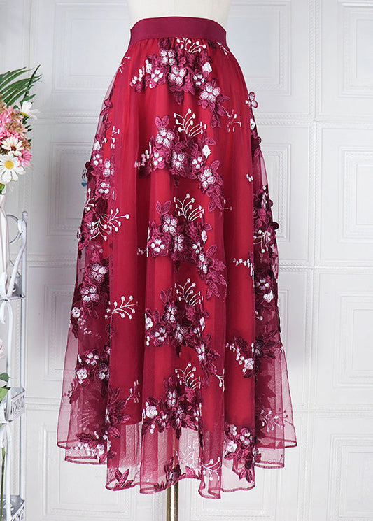 Novelty Mulberry Embroideried Elastic Waist Tulle a Line Skirt Spring