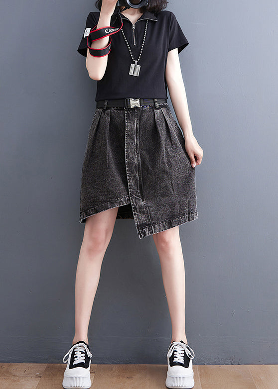Black Asymmetrical Design Pockets Denim Short Skirt Summer