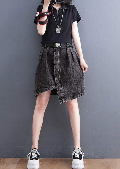 Black Asymmetrical Design Pockets Denim Short Skirt Summer