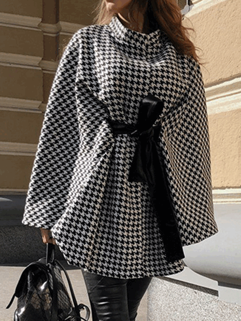 Coats Loose Houndstooth Lace-up Cape Wool Coat