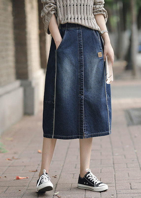 Denim Blue High Waist Pockets Patchwork Side Open Cotton Skirts Cozy